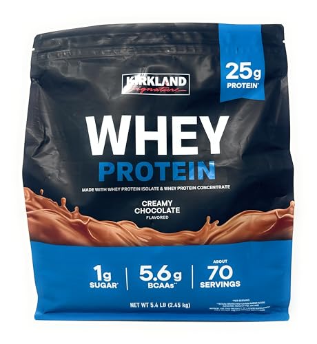 Kirkland Signature Whey 25g Protein,1g sugar,5.6g BCAAs,about 70 Servings Creamy Chocolate Flavorted