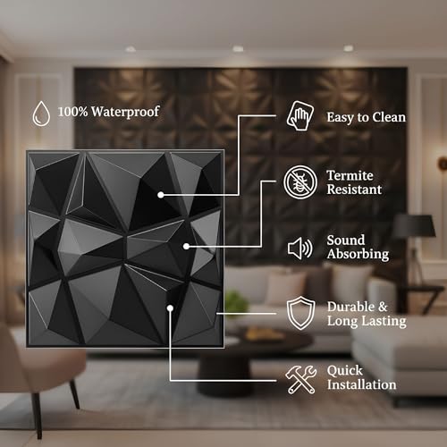 Image of Kayra Decor 3D Wall Panel PVC Diamond Design, Black Color (19.7 X 19.7, (Pack of 12) Covers 32.28 Sq. Ft.