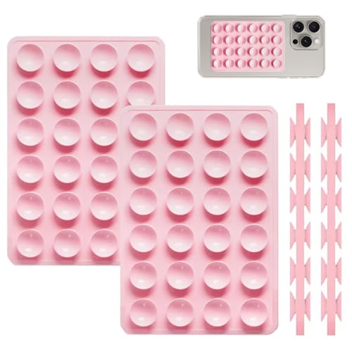 Image of 2 Pack Silicone Suction Phone Case Mount, Double Sided, Non Slip Suction Cup Phone Mount, Silicon Sticky Phone Grip for Cell Phone, Hands-Free Phone Accessories Holder for Selfies and Videos, Pink