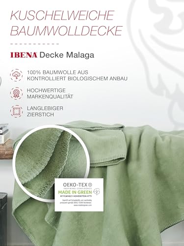 Ibena Malaga Bio Wolldecke 150x200 cm – 100% Baumwolle, Made in Germany, Baumwolldecke grün