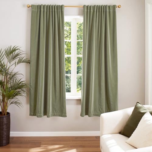 Image of Blackout Olive Sage Velvet Curtains Rod Pocket 52x72 Inch 2 Panels | Soft Velvet, Light Filtering, For Small Windows, Kitchens & Bathrooms, Light Shifting Texture, Elegant Drape, Serene