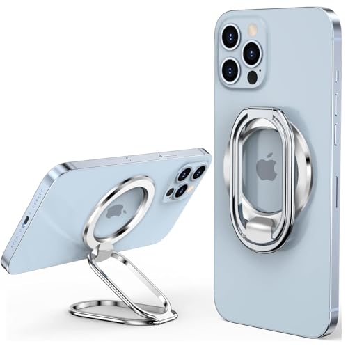 スマホリング Magsafe対応 2025最新型 取り外し可能 magsafe 落下防止 磁気増強 高耐久 多機能リング金属製 2段階調整 折りたたみ 金属リング付き スタンド＆手持ちモード 磁気フィンガーリングホールド 耐久性・安定性 全機種対応対応 マグセーフアクセサリー オンライン会議/ライブ/撮影録画/動画鑑賞に最適（銀色）