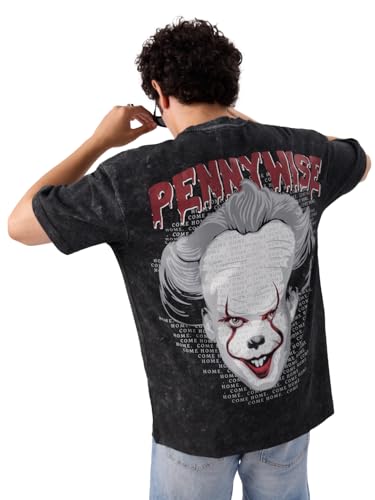 Image of The Souled Store Official Pennywise: Time to Float Men and Boys Short Sleeve Round Neck Grey Graphic Printed Cotton Oversized T-Shirts