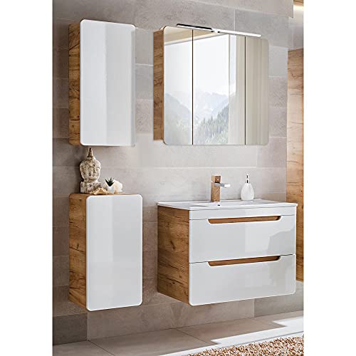 Lomadox Badezimmermöbel Set mit 81 cm Waschtisch & LED-Spiegelschrank, Hochglanz weiß mit Wotan Eiche Nb., Hängschrank, Unterschrank