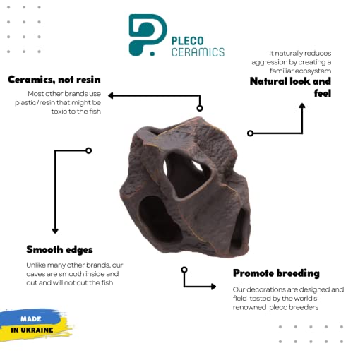 Image of Plecoceramics Aquarium Ceramic Decorations Cave Betta Stone Decor - Aquarium Fish Tank Hideway Decor for breeding Cichlids Plecos Betta Toys Hideout (Boulder)