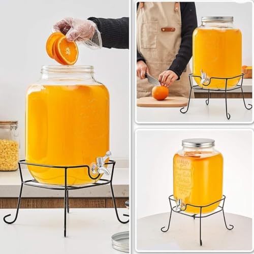 Image of 8 litres Mason Glass Beverage Dispenser with Metal Stand | Airtight Lid, Wide Mouth, Leak-Proof Spigot | Perfect for Detox Water, Infusions, Parties & Events