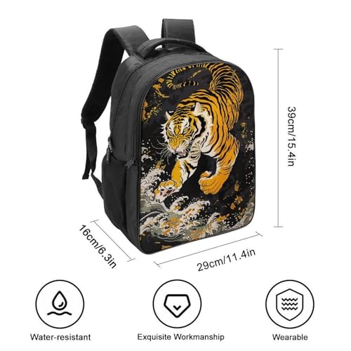 Japanese Tiger Wave Funny 16 Inch Backpack for Men Women Casual Daypack with 2 Compartment for Travel Work2