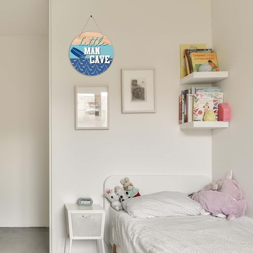 Image of Little Man Cave Sign for Boys, Baby Boy Nursery Decor, Toddler Kids Room Hockey Door Hanger, 10x10 Inch Wooden Round Wall Door Sign-D03
