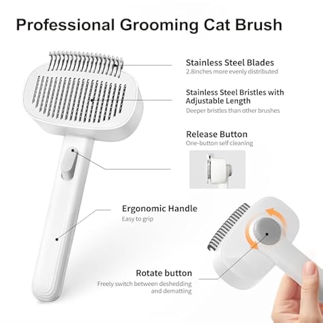 2-in-1 Deshedding Brush & Dematting Comb for Cats, Cat Brush for Long Haired Cats, Effectively Removes Matted Fur & Tangles, White-SL7H14hD