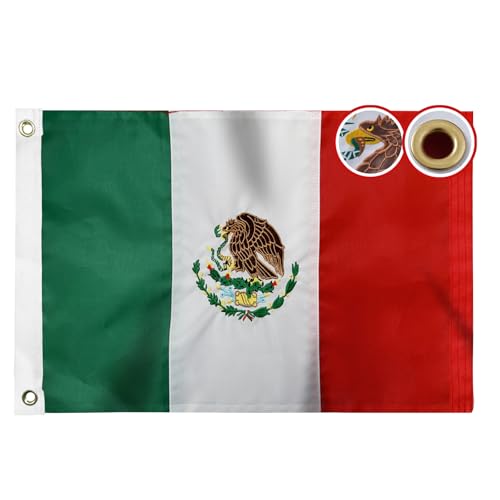 Flagolden Small Mexican Flag 12x18 inch for Boat Embroidered Mexico Flags Bandera de Mexico for Outside Vivid Color Nylon Mexican Flag with 2 Brass Grommets Car Bike Atv Decor