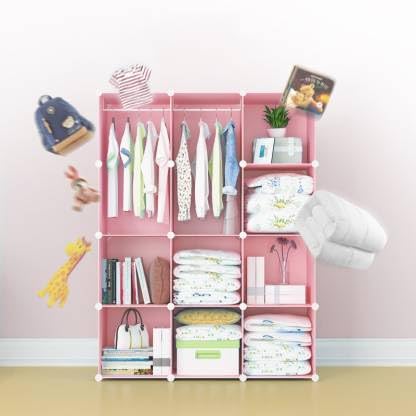 Image of Sunderlook Plastic Wardrobe for Kids Clothes - Collapsible Wardrobe, Easy to Use Anti-Skid & Non-Slip Effective Professional Foldable Plastic Cupboard for Kids, Home (Pink-KTE1, 12 Door)