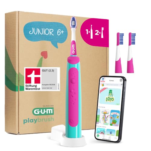 GUM Playbrush JUNIOR 6+ elektrische Zahnbürste | Interaktive Spiel-App | Extra weiche Borsten | 8 Wochen Akku | Stiftung Warentest | 1x Schallzahnbürste wiederaufladbar | 2 extra Bürstenköpfe | Pink