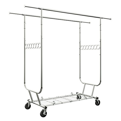 LANGRIA Heavy Duty Rolling Commercial Double Rail Clothing Garment Rack with Wheels Expandable Rods Collapsible Clothes Rack Max Load Capacity 287 lbs for Bedroom Dressing Room Store Chrome