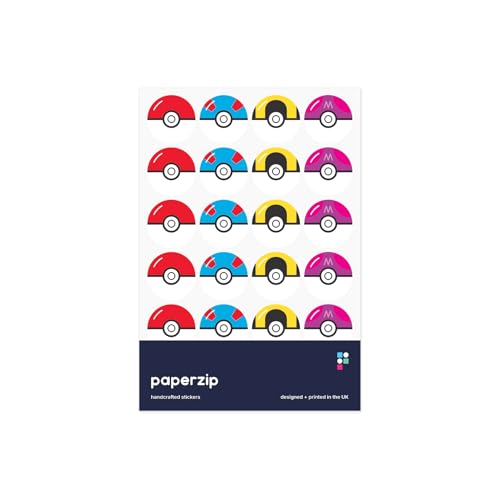 Image of PAPERZIP - Pocket Monster Balls Video Game Rewards – 48 Stickers for Children, Teachers, Parents, Birthdays