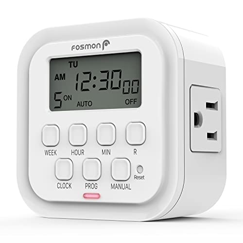 Fosmon 7 Day Programmable Digital Timer For Eletrical Outlets, Indoor Plug-In Light Timer Switch, Grow Light Timer 15A/1875W, Electric Wall Timer For Small Applicance, Lamp, Aquarium, Reptile Lights #TOP5