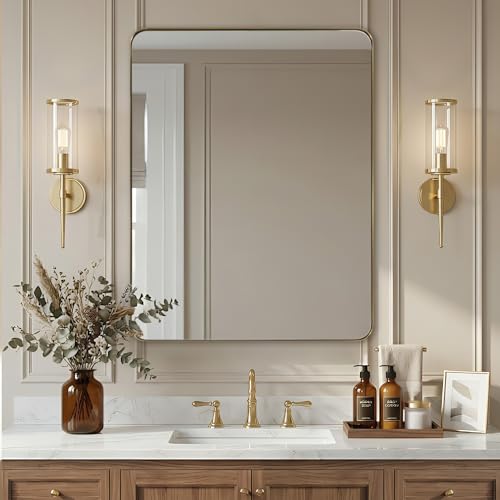 ANDY STAR Gold Bathroom Mirrors for Over Sink, 28x36 Inch Brushed Brass Wall Mirror, Rectangular Metal Framed Vanity Mirror -Modern Clean Design with Superior Stainless Steel Frame