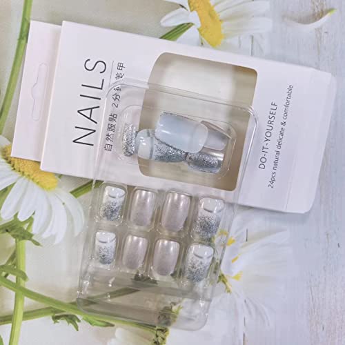 Rtkhfze Square Press On Nails Silver Fake Nails Medium Length Glue On Nails For Women Full Cover Glossy False Nails With Designs Medium Square Acrylic Nails For Nail Decorations 24Pcs #TOP3
