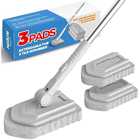 Holikme 40" Shower Cleaning Scrub Brush with 2 Scouring Pads Extendable Tub and Tile Scrubber Tools for Bathtub Shower Bathroom Cover