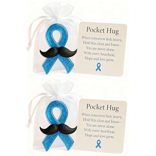 Blue Ribbon Pocket Hug, Prostate Awareness Ribbon Moustache Encouragement Card Pocket Hug Token, Colon Cancer Prostate Cancer Awareness Gifts