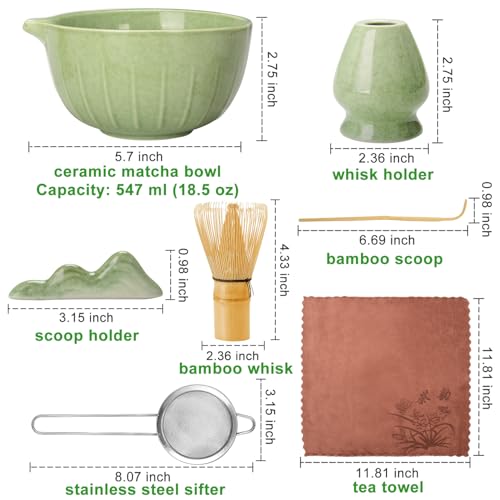 MONOJOY Matcha Whisk Set Ceramic Bowl Kit with Spout, Bamboo Chasen and Holder, Scoop Rest,Sifter Tea Towel Ceremonial Cute Matcha Tea Making Tool,Gift Perfect for Latte Lovers | Beginners,7pcs by MONOJOY - Image 9