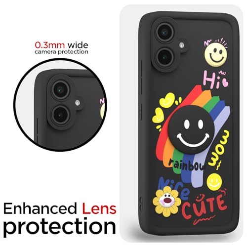 Image of Pikkme Back Cover for Samsung Galaxy A04 | Soft Silicone| Cute Rainbow Smile & 3D Cartoon Flower Design | Shockproof Raised Camera Protection Bumper Case (Black)