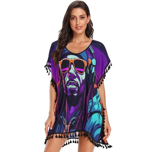 KAAVIYO Cool Music Blue Zebra Women's Beach Cover Up Chiffon Tassel Swimwear Swimsuit Coverups for Girl