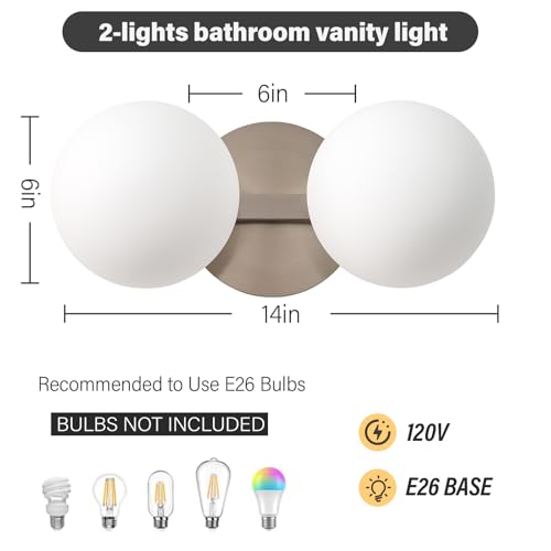 Image of Nickel Globe Wall Sconce,Vanities Lights with 2 Milk Glass Shades. | 6 inch Modern Spherical Vanity Sconces,Contemporary Small Brass Ball Lights Fixture for Entryway Bedside Bathroom,E26 Base