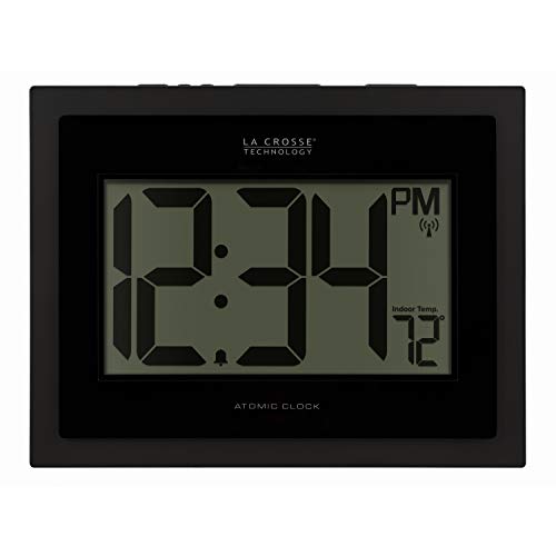 La Crosse Technology 513-54087-INT Atomic Digital Wall Clock with Indoor Temperature, Black