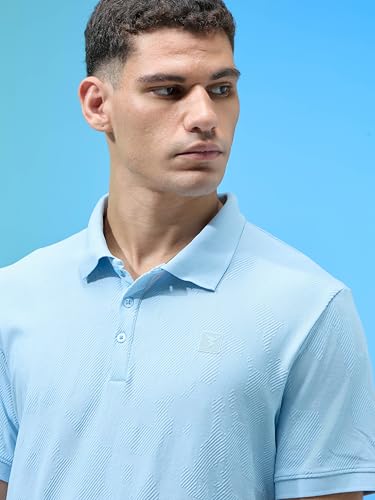 Image of TECHNOSPORT Men's Slim Fit Jacquard Textured Polo Sports T-Shirt with Cotflex, UPF50+ for Regular use
