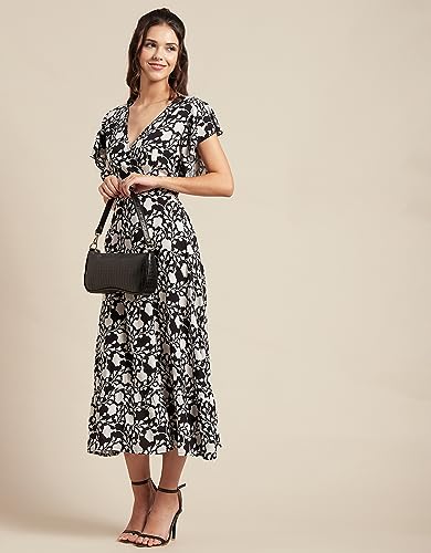 Image of Moomaya Women's Printed Dress, V-Neck, Short Sleeves, Ruffled Midi Summer Dress