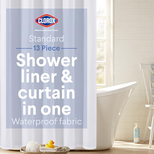 Clorox 2-in-1 Bathroom Shower Curtain Liner w Metal Hooks, Durable Fabric, Weighted Magnets for Bath Water Control, Washable Premium Quality, Modern - 72' x 72' White