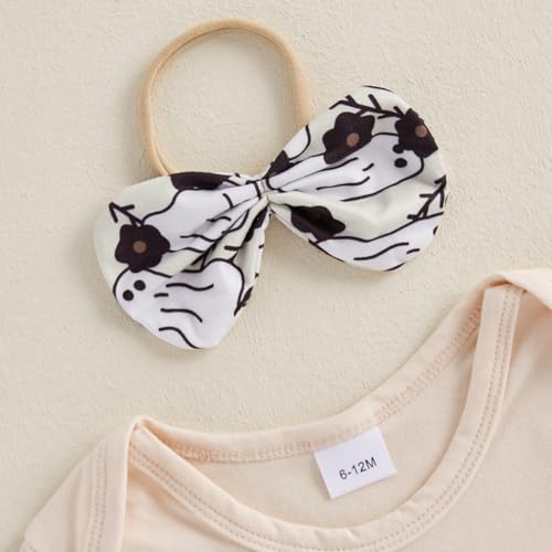 Infant Baby Girls Halloween Outfits Letter Ghost Pumpkin Print Long Sleeve Romper Flare Pants Bow Headband Set4