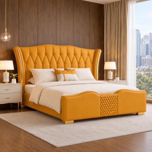 Image of Upholstered King Size Bed with Box Storage for Bedroom | Wooden Double Bed with Wooden Ply with Storage | Platform Cot Palang with Headboard | 6.5 x 6 Ft | Sheesham Wood | Golden