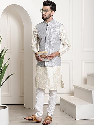Image of SOJANYA (Since 1958 Men's Silk Blend Kurta and Pyjama with Nehru Jacket