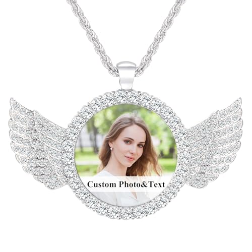 Premium Custom Necklaces with Pictures - Photo Necklace Picture Pendant Personalized Custom Memory Necklaces Angel Wings Round Chain Gifts for Men Women