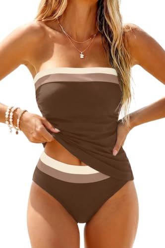 Image of Daci Women Strapless Tankini Tummy Control 2 Piece Bandeau Swimsuit | Full Coverage,Removable&Adjustable Straps,Built-in Soft Unremovable Bra,Ruched Tummy Control,Mid Waist Bottom,Fully Lined