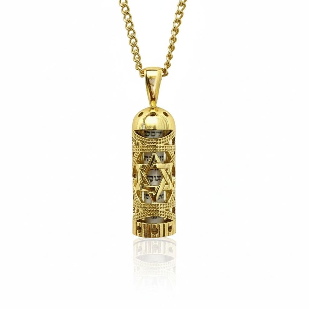 Made in Israel 14K Gold Plated Mezuzah Pendent With Scroll Klaff Hashem Star Of David Necklace Jewelry Jewish Israel Blessing