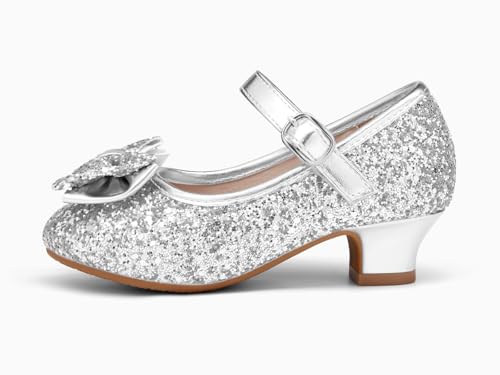 Image of Haloumoning Girls Dress Shoes Mary Jane Heels Flower Girl Shoes Bow Glitter Princess Wedding Party Pump Shoes