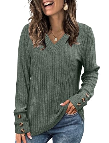 WIHOLL V Neck Long Sleeve Shirts for Women with Bottons Casual Fall Outfits Lightweight Tunic Sweaters Fashion Clothes 20252