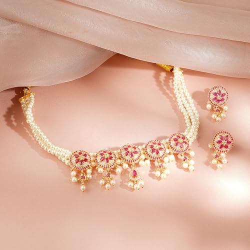 Image of Rubans Pearl Choker Necklace Set Ruby Pink Cubic Zirconia Bridal Wedding Jewellery Gift for Women & Girls