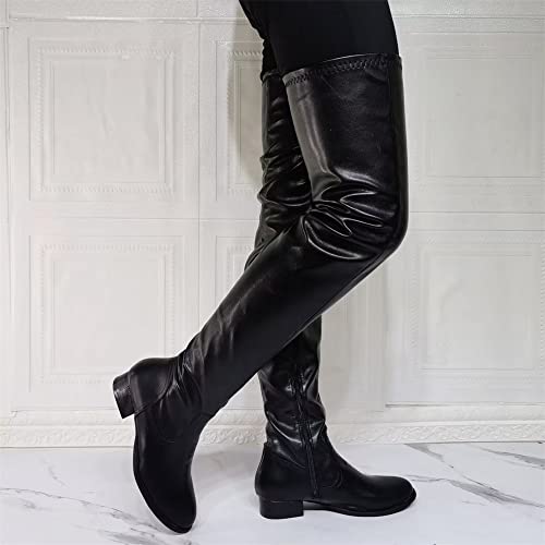 Frankie Hsu Punk Chunky Over Knee Boots, Plain Flat Black Synthetic Leather Low Heels Thigh Style, Fashion Big Large Size Designer Heeled Long Tall Shoes For Women Men2