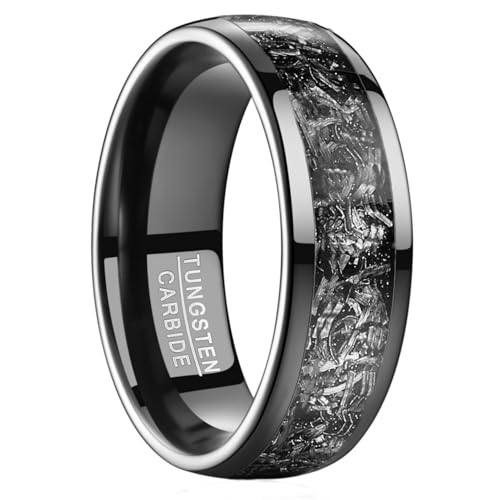 Vakki Personalized Black Tungsten Ring for Men Women Wedding Band Meteorite Inlay Custom Engraved Engagement Ring Polished Domed Comfort Fit Size 7-12
