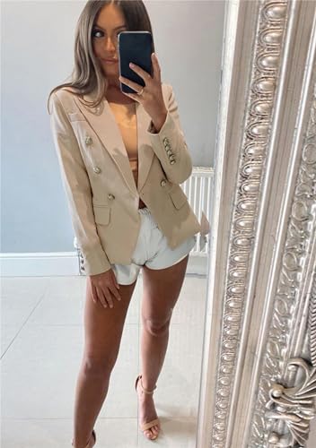 YMING Womens Double Breasted Long Sleeve Blazer Lapel Open Front Jacket Solid Color Work Office Coats with Pockets4