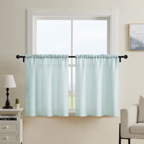 Home Queen Waffle Tier Curtains for Bathroom, Water Repellent Rod Pocket Small Drapes, 30 W X 45 L Inch Each, Solid Blue