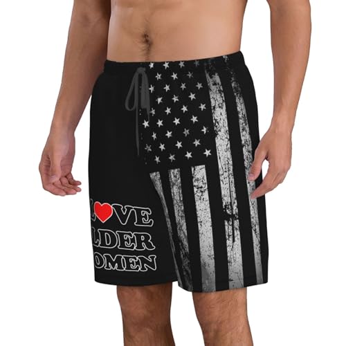 I Heart Love Older Women Swimming Trunks with Liner, Quick Dry Beach Shorts Funny Mens Small Swim Trunks - L Black2