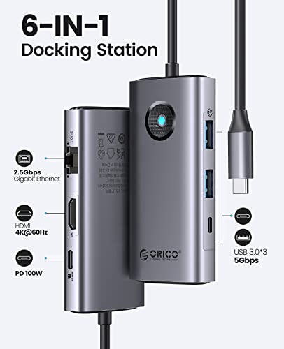 Hub USB 3.0, ORICO 6 in 1 docking stationcon con Ethernet 2.5G, HDMI 4K, PD 100W, 2 porte USB-A 3.0, 1 porta USB-C 3.0, 5 Gbps, adattatore multiporta tipo C per Windows Mac - Immagine 1