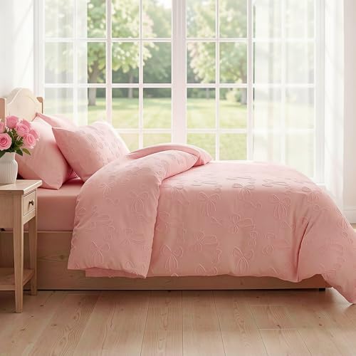 Image of 7 Pieces Bow Comforter Set for Girls Kids Pink Tufted Boho Bedding Set Twin Size Farmhouse Bed in A Bag as Gifts (1 Comforter, 1 Flat Sheet, 1 Fitted Sheet, 2 Pillowcase and 2 Pillow Sham)