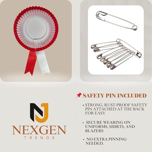 Image of NEXGEN Trends Double Line Satin Award Badge for School Sports Day, Annual Day & Prize Distribution | Premium Ribbon Badge with Safety Pin | Pack of 10 (Red-White)