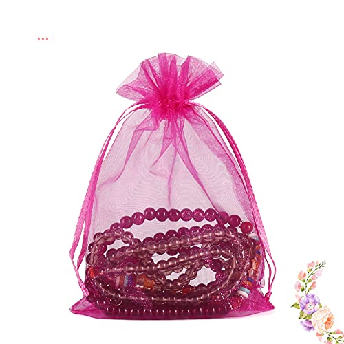 Image of HRX Package Hot Pink Organza Bags 100pcs, 4 x 6 inch Mesh Drawstring Gift Bags Jewelry Pouches Small Sachet for Christmas Candy Party Favor
