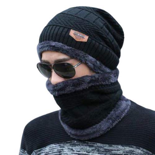 Woolen Beanie Cap Scarf Set Warm Knit Cap Air Proof Inside Fur Thick Fleece Lined Winter Hat & Neck Warmer (Mufflar) Combo For Men & Women